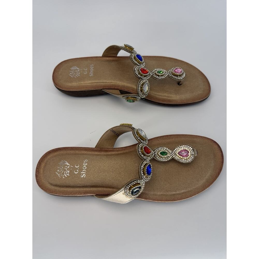 NEW GC Shoe Gold Jeweled Rhinestone Crystal T-Strap Sandal Thong Slip-On 9.5 - Picture 2 of 10